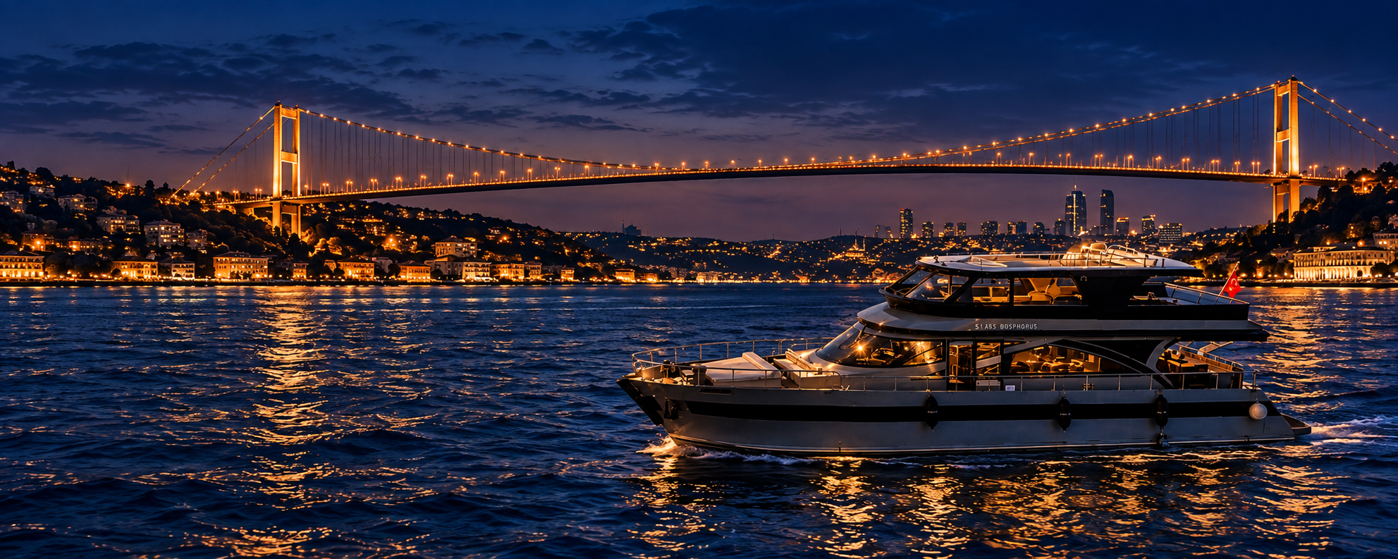 Gece Boğaz Köprüsü'nün iki ayağı önünde Stars Bosphorus yatı